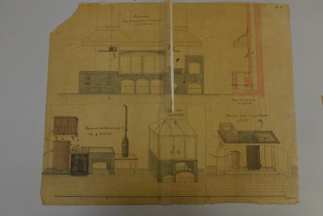 Schets uit 1861 van de geplande apparatuur in het onderwijslaboratorium voor scheikunde van professor Kekulé in de oude universiteit aan de Lange Meer/Universiteitsstraat (Algemeen Rijksarchief, foto Pierre De Clercq)