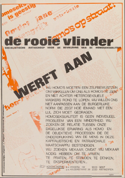 De Rooie Vlinder verspreidt in 1977 een affiche om leden aan te trekken. Die verschijnt onder andere in Schamper. (Collectie Universiteitsbibliotheek Gent)
