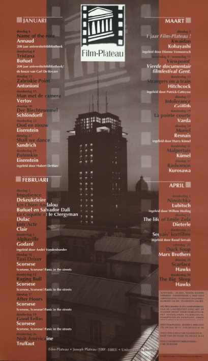 Affiche met het programma van Film-Plateau in het voorjaar van 1998 (Collectie Universiteitsbibliotheek Gent, 001879045).