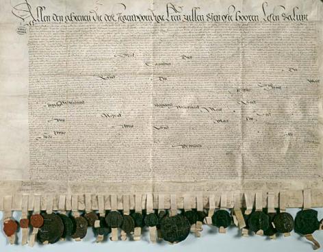 Pacificatie van Gent uit 1576 waarmee de staten van Holland, Zeeland, Brabant, Vlaanderen, Artois en Henegouwen hun alliantie tegen de Spanjaarden bezegelen (Collectie Nationaal Archief Nederland).