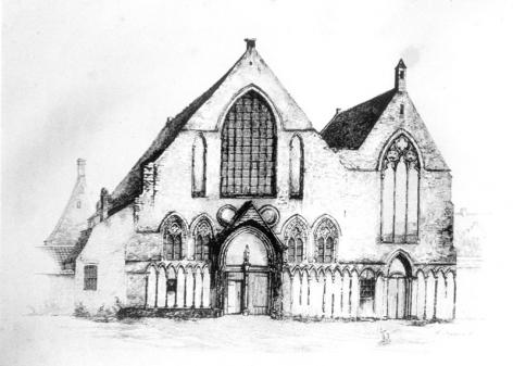 Tekening van de oude Bijloke (Collectie Universiteitsarchief Gent).