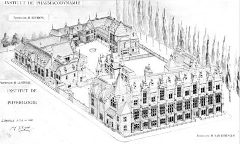 Pentekening van Rommelaerecomplex in vogelperspectief (Collectie Universiteitsarchief Gent).