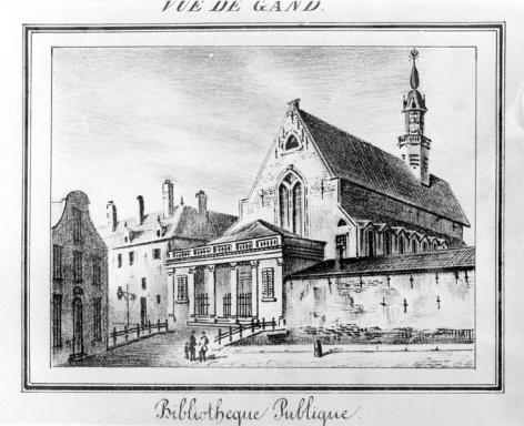 Ingang van de Baudeloobibliotheek met een brugje over de Ottogracht, voor de demping ervan in het laatste kwart van de 19de eeuw (Collectie Universiteitsbibliotheek Gent - kaartenzaal).