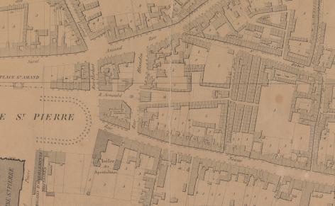 De Sint-Pietersbuurt op de Gerardkaart (1855-1857). De Bataviawijk strekt zich uit rechts op de kaart, boven het woordje &#039;neuve&#039; (Collectie Universiteitsbibliotheek Gent, © UGent).