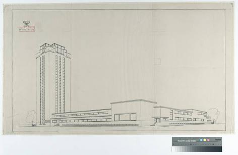 Perspectiefschets van de Universiteitsbibliotheek vanop de hoek Rozier en Sint-Hubertusstraat uit 1935 (Collectie Universiteitsbibliotheek, © UGent).