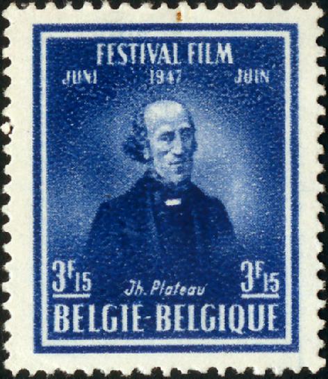 Postzegel met afbeelding Joseph Plateau naar aanleiding van het Festival Film in juni 1947 (Collectie Universiteitsarchief Gent).