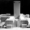 Maquette van de Boekentoren volgens het eerste ontwerp uit 1934. Zicht vanop het Sint-Pietersplein (Collectie Universiteitsarchief Gent).